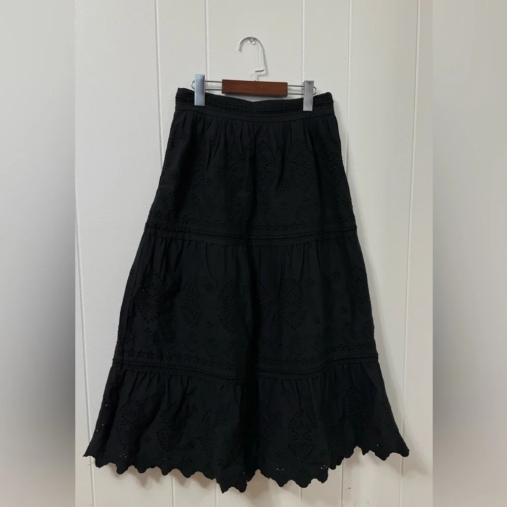 Jason Wu Black Eyelet Midi Skirt Tiered Embroidered Cotton Boho Romantic Size S - Picture 2 of 9